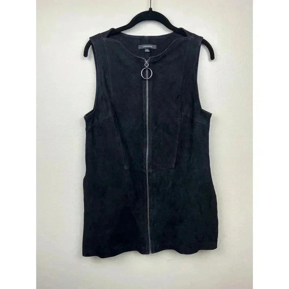 LAMARQUE Black Suede Leather Zip Up Mini Dress - size Medium